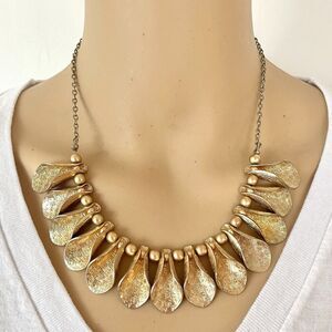 Just Tilly Gold Tone Necklace Curved Leaves Beads 20in Statement Bib Retro Style